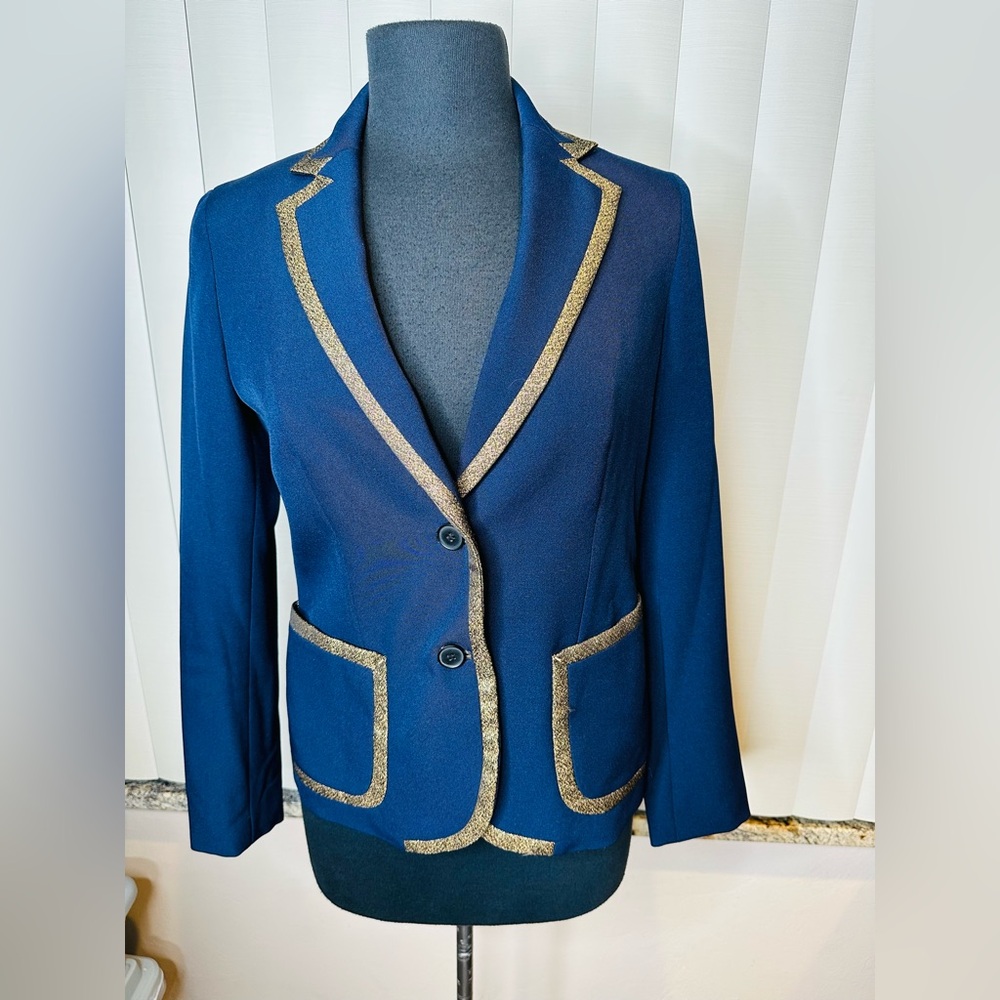 Anne Klein Timeless Dark Blue Layering Career Blazer Gold Trim Accents Size 2
